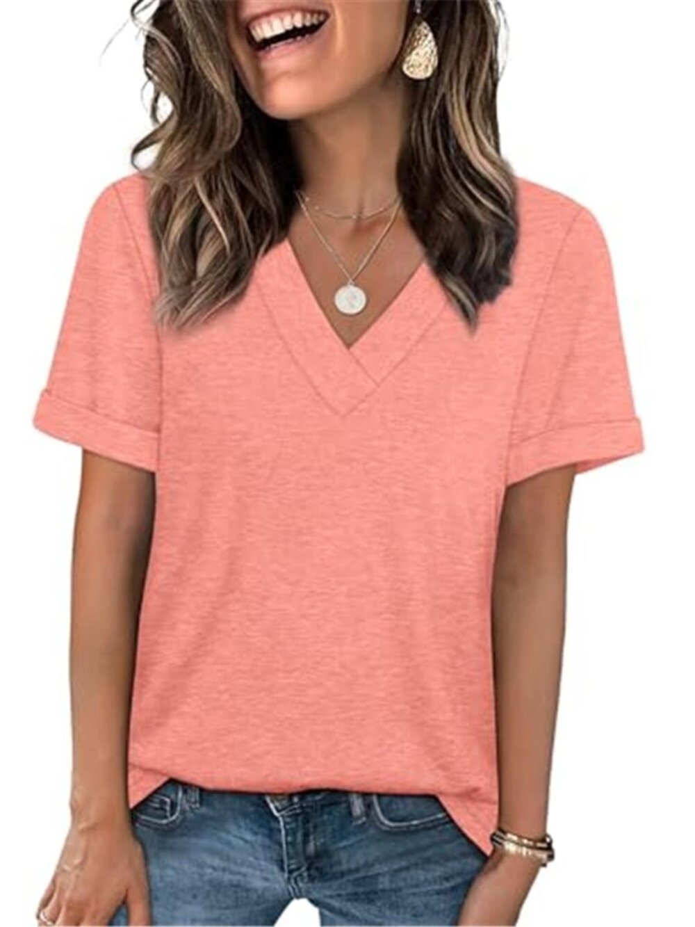 Womens V Neck T Shirt Rolled Sleeve Casual Summer Tee Soft Loose Basic Top